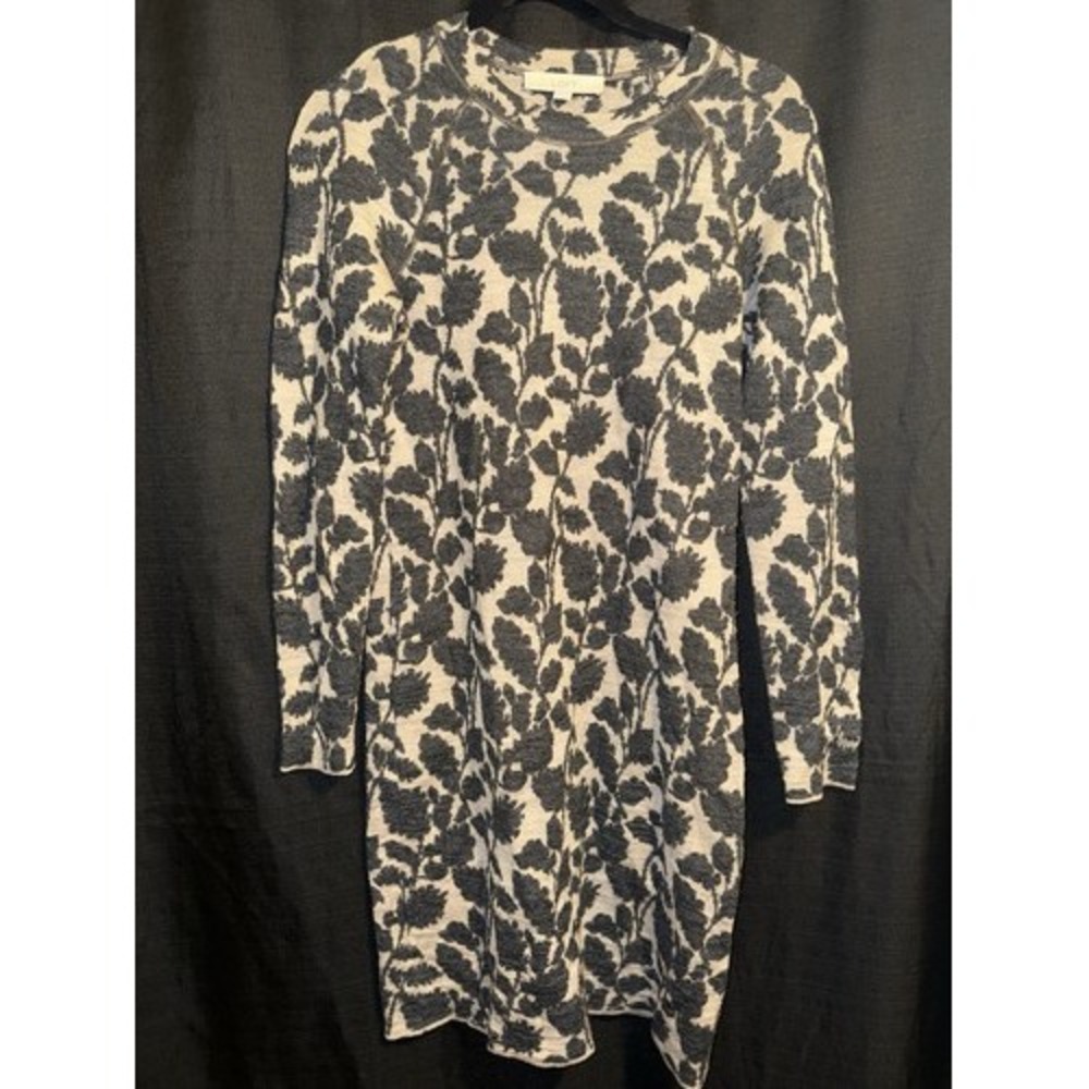 LOFT Floral Jacquard Sweater Dress Womens M Beige Black Long Sleeve Knit